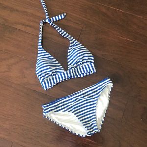 Blue and white striped bikini set